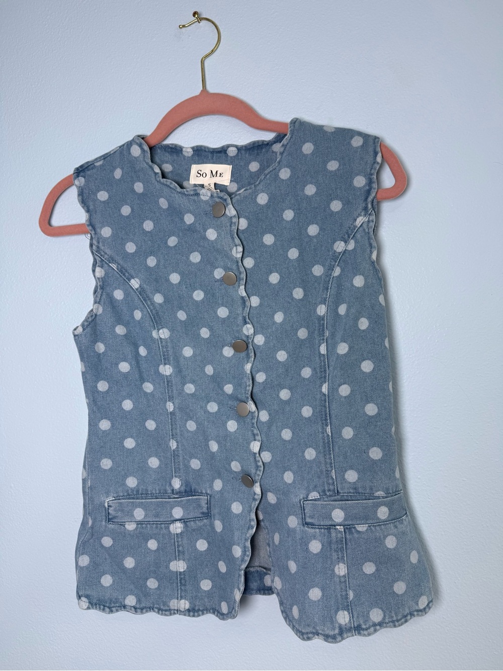 So Me Blue Polka Dot Denim Vest with Scalloped Trim